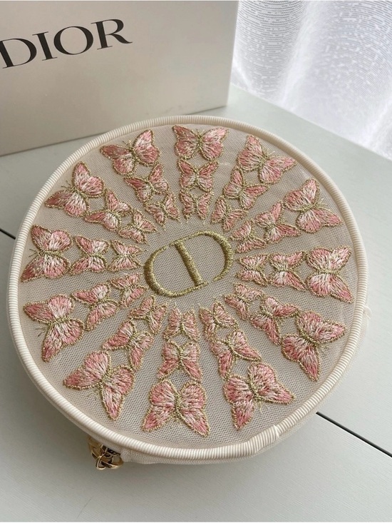 Dior Accessories - Dior Round Pink & Gold Embroidered Butterfly Pouch